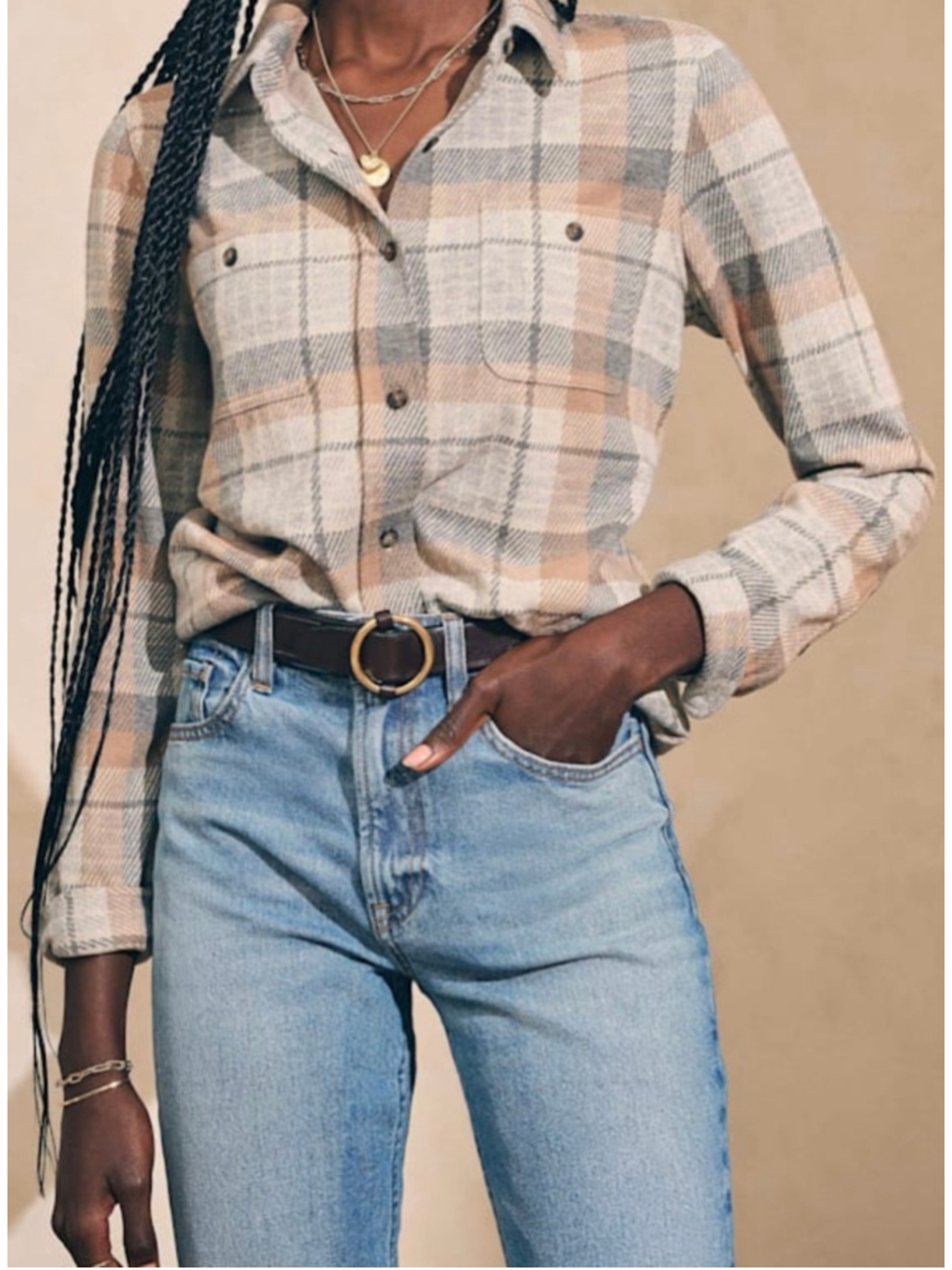 Faherty Legend Sweater Western Outpost Plaid Women's Sz XS Shacket Natural Boho